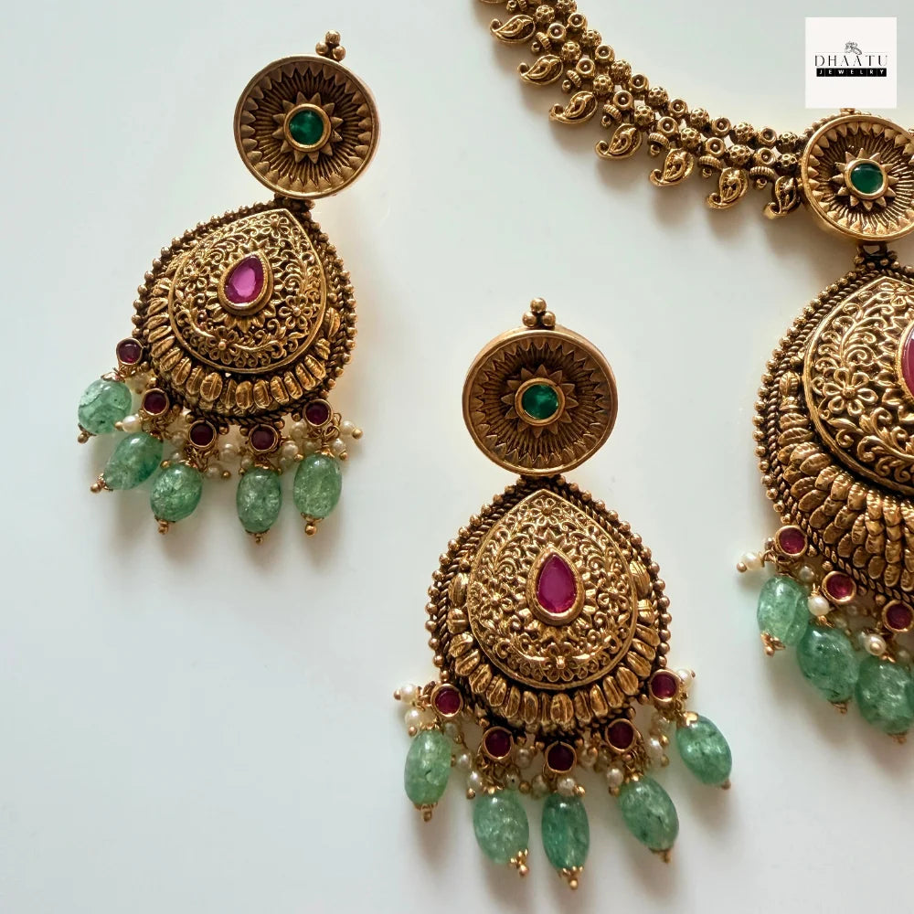 Antique Gold-Plated Temple Jewelry Set - Intricate Ruby & Emerald Floral Choker with Green Bead Droplets