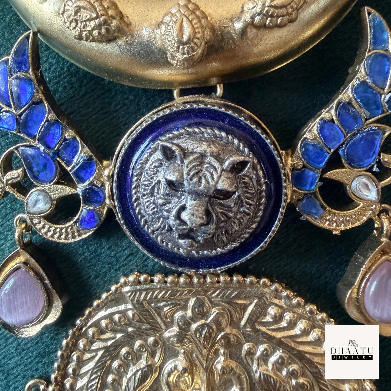 Simha Heritage Royal Medallion Hasli Necklace – Antique Gold Finish with Blue Meenakari and Tiger Motif