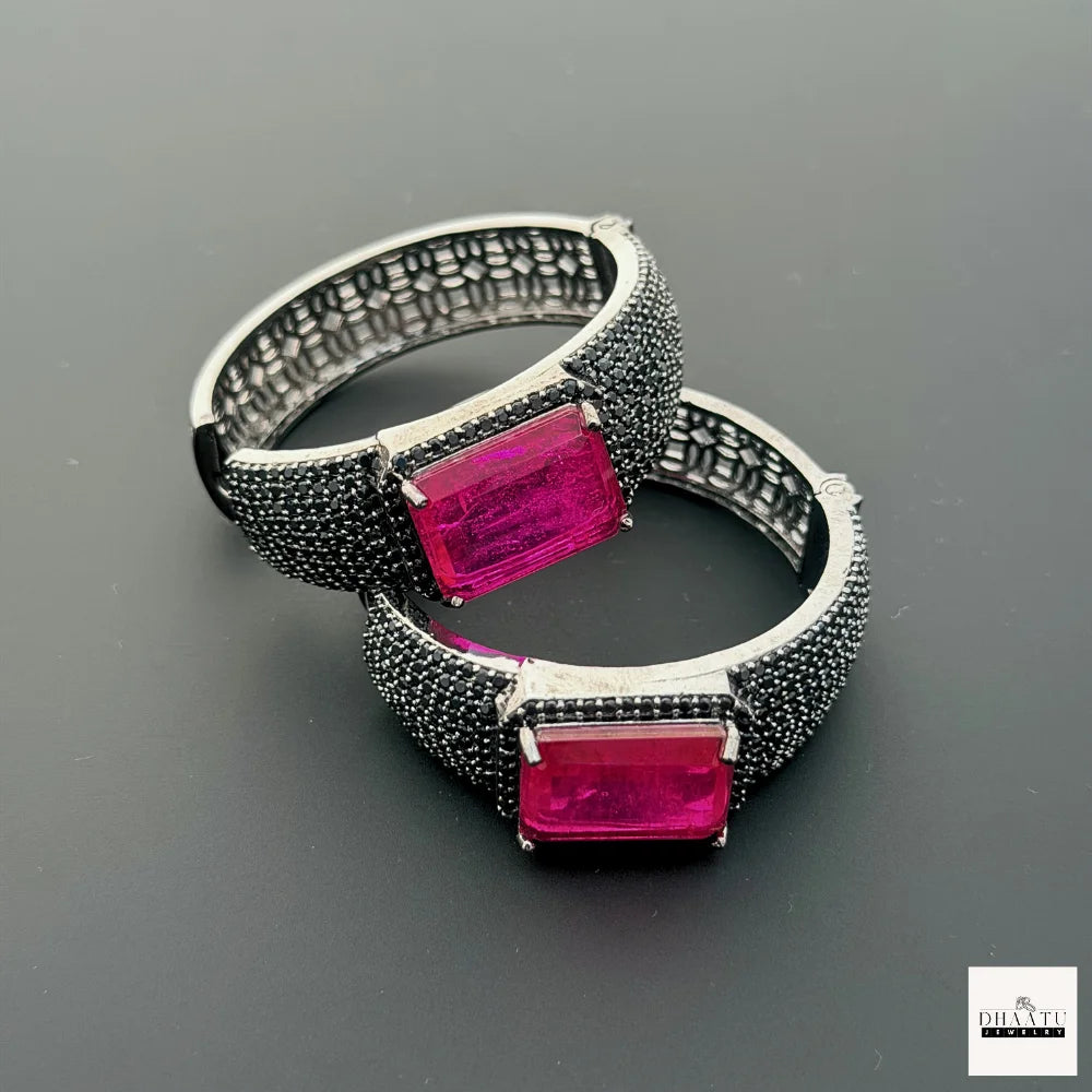 Midnight Fuchsia: Emerald-Cut Pink Crystal & Black Pavé Wide Huggie Hoop Earrings (Gunmetal Finish)