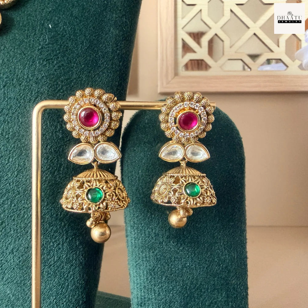 Antique Gold-Plated Kundan & Ruby Floral Square Pendant Temple Necklace Set with Jhumkas