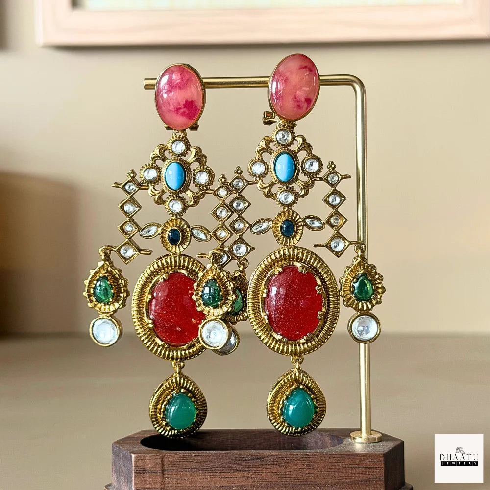 Statement Kundan Polki Chandelier Earrings with Multi-Color Stone Drops | Traditional Indian Jhumka Style