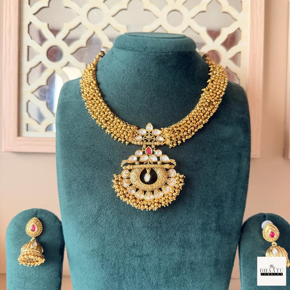 Antique Gold-Plated Guttapusalu Choker Set with Kundan & Ruby Accents