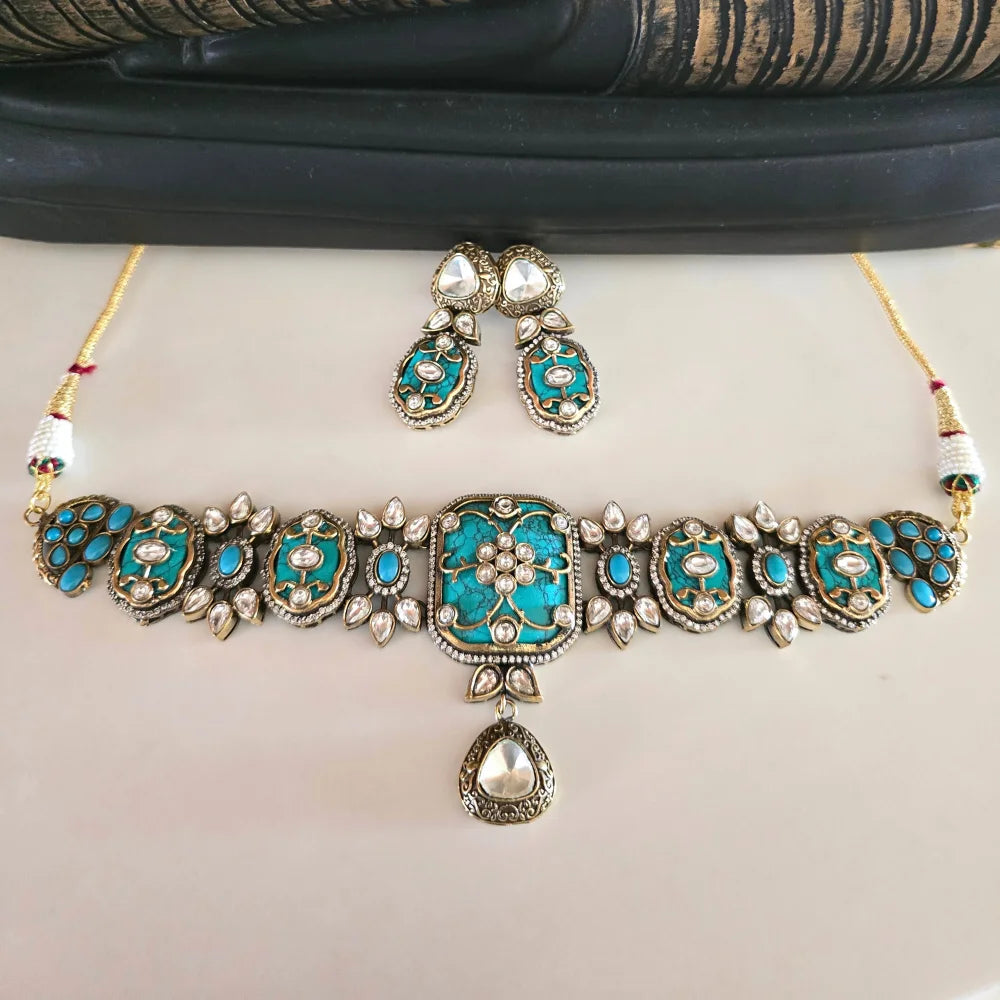 Exquisite Jadau Polki Style Choker Necklace & Earring Set - Traditional Indian Jewelry