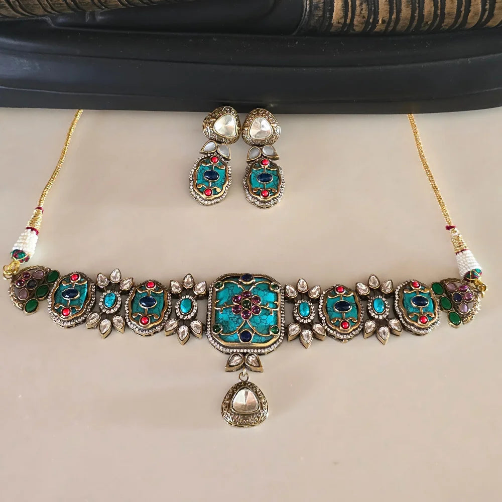 Exquisite Jadau Polki Style Choker Necklace & Earring Set - Traditional Indian Jewelry