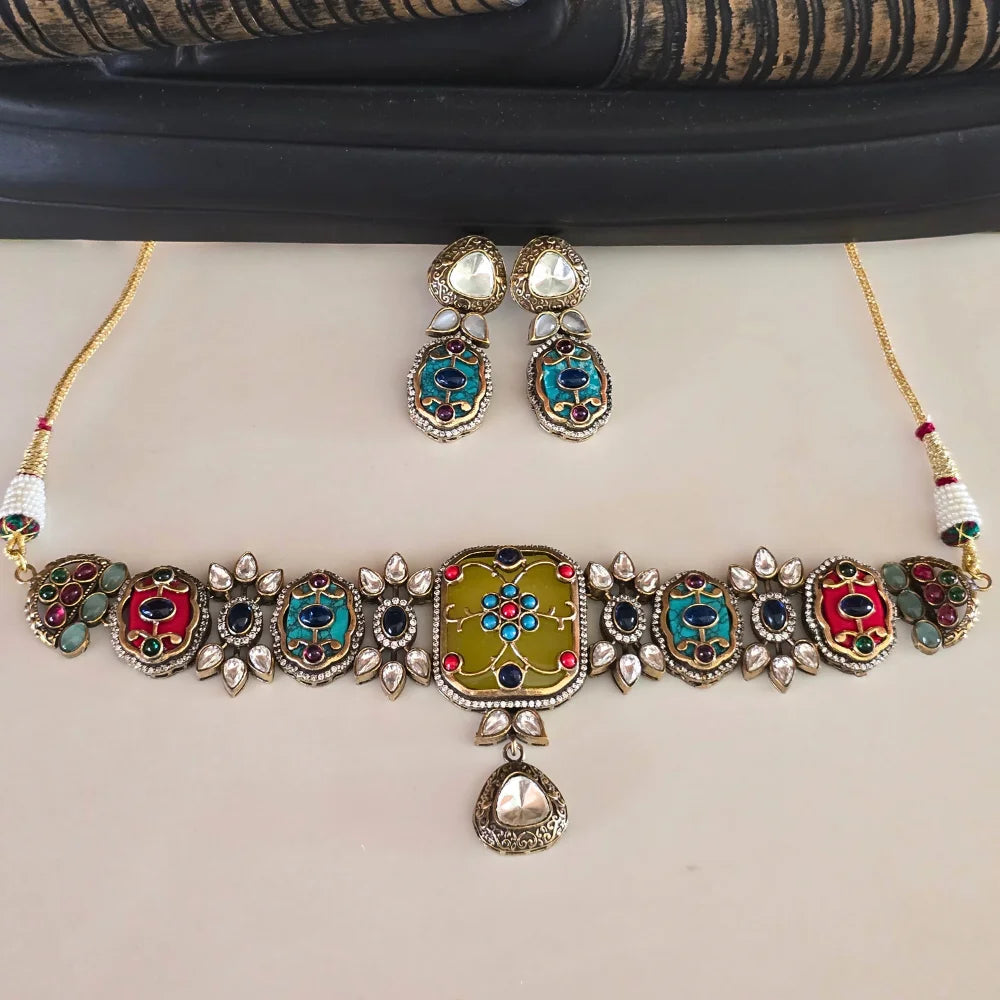 Exquisite Jadau Polki Style Choker Necklace & Earring Set - Traditional Indian Jewelry