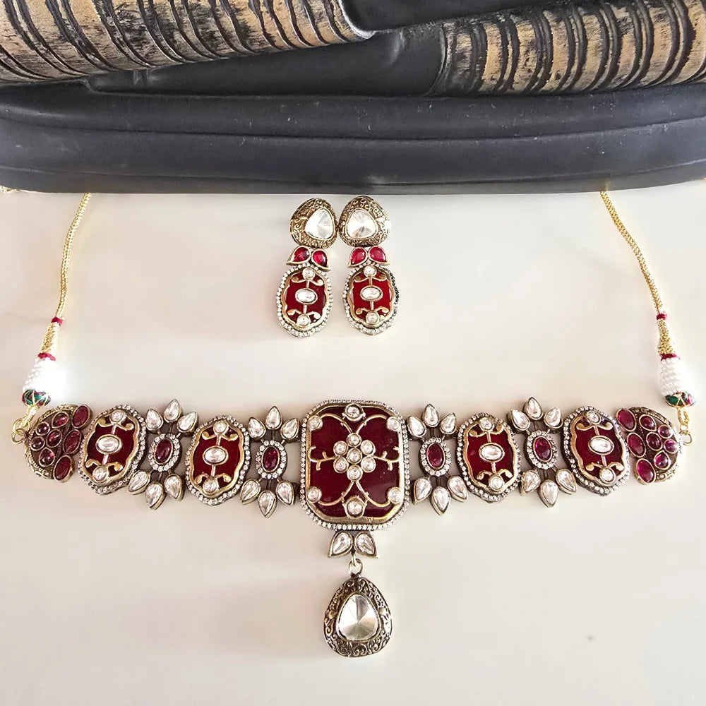 Exquisite Jadau Polki Style Choker Necklace & Earring Set - Traditional Indian Jewelry