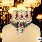 Regal Emerald & Ruby Polki Choker Set – Handcrafted Traditional Necklace with Earrings & Maang Tikka