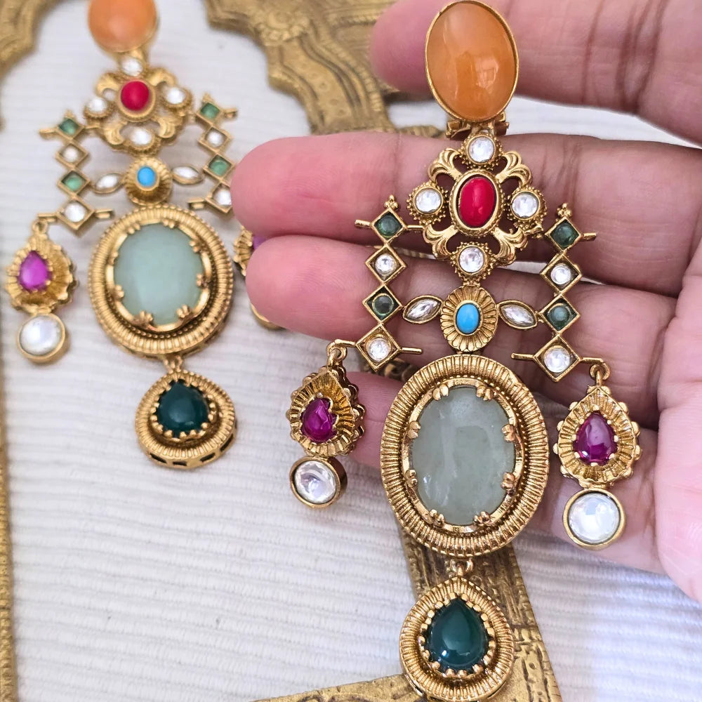 Statement Kundan Polki Chandelier Earrings with Multi-Color Stone Drops | Traditional Indian Jhumka Style