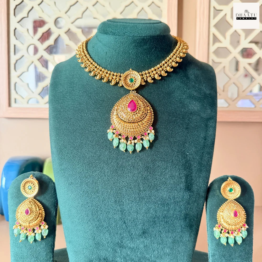 Antique Gold-Plated Temple Jewelry Set - Intricate Ruby & Emerald Floral Choker with Green Bead Droplets