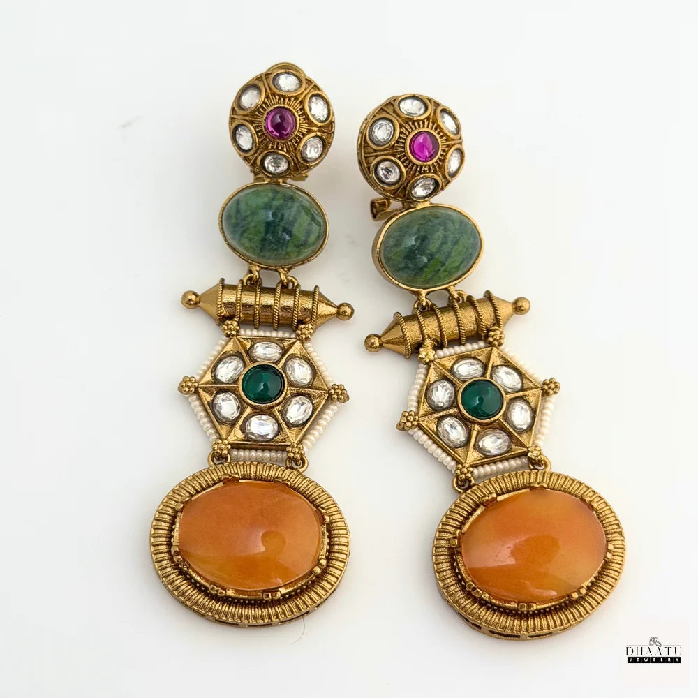 Regal Antique Gold-Plated Kundan Drop Earrings with Green & Orange Cabochon Stones | Statement Ethnic Style