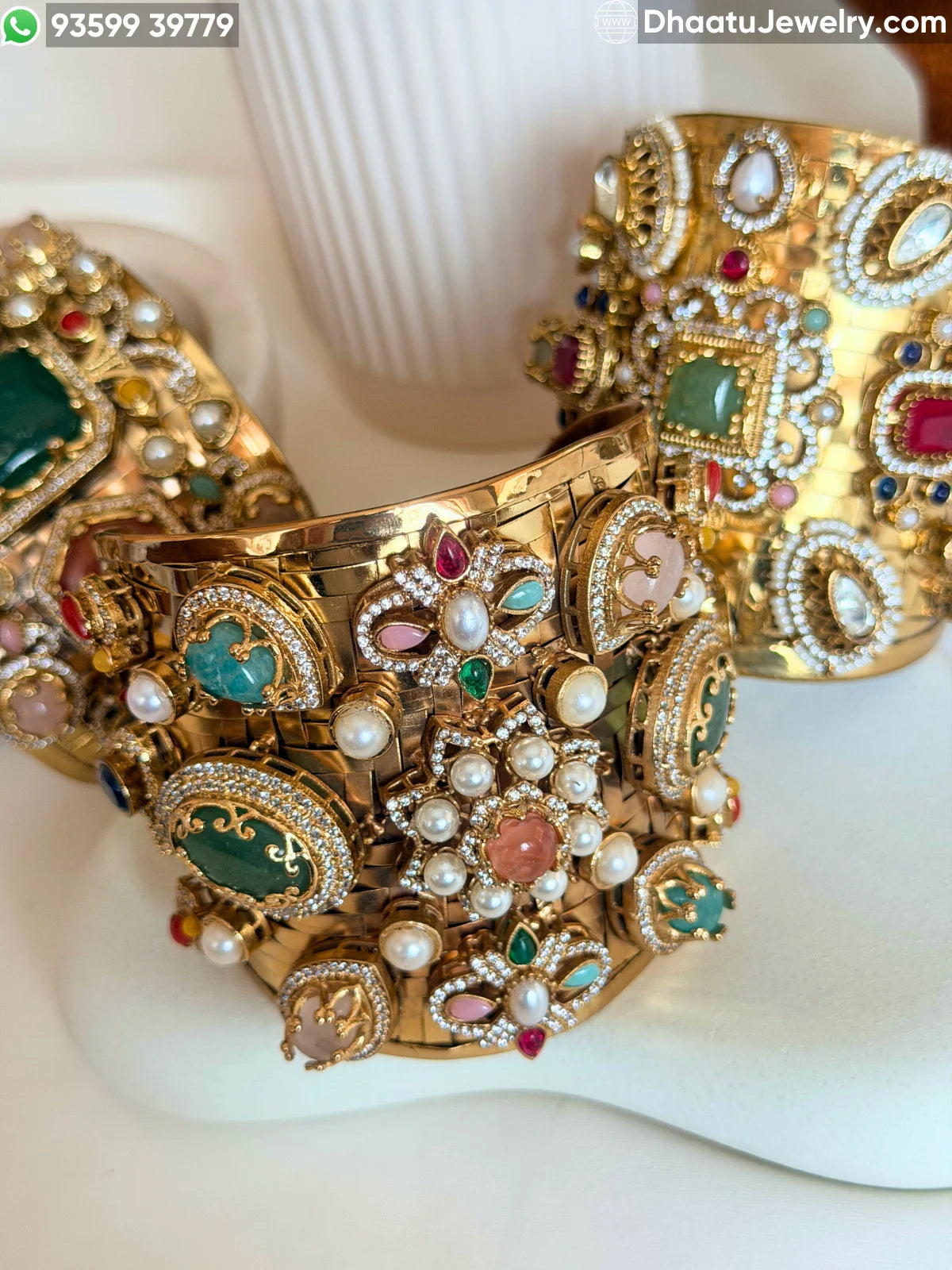 Sabyasachi Inspired Wide Brass Cuff Bracelet with Multicolored Doublet Stones & Gold Plating – Royal Statement Kada
