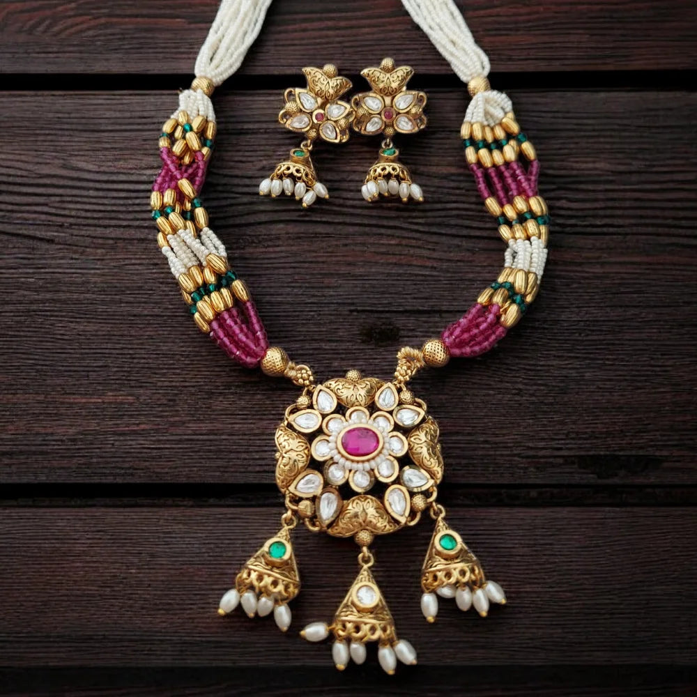Antique Gold-Plated Kundan & Ruby Bead Guttapusalu Necklace Set with Jhumka Earrings