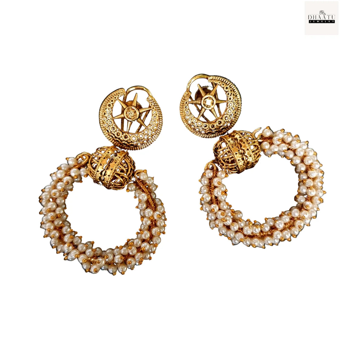 Dhaatu Golden Star Stud & Pearl Cluster Hoop Earrings | Traditional Indian Inspired Artificial Jewelry