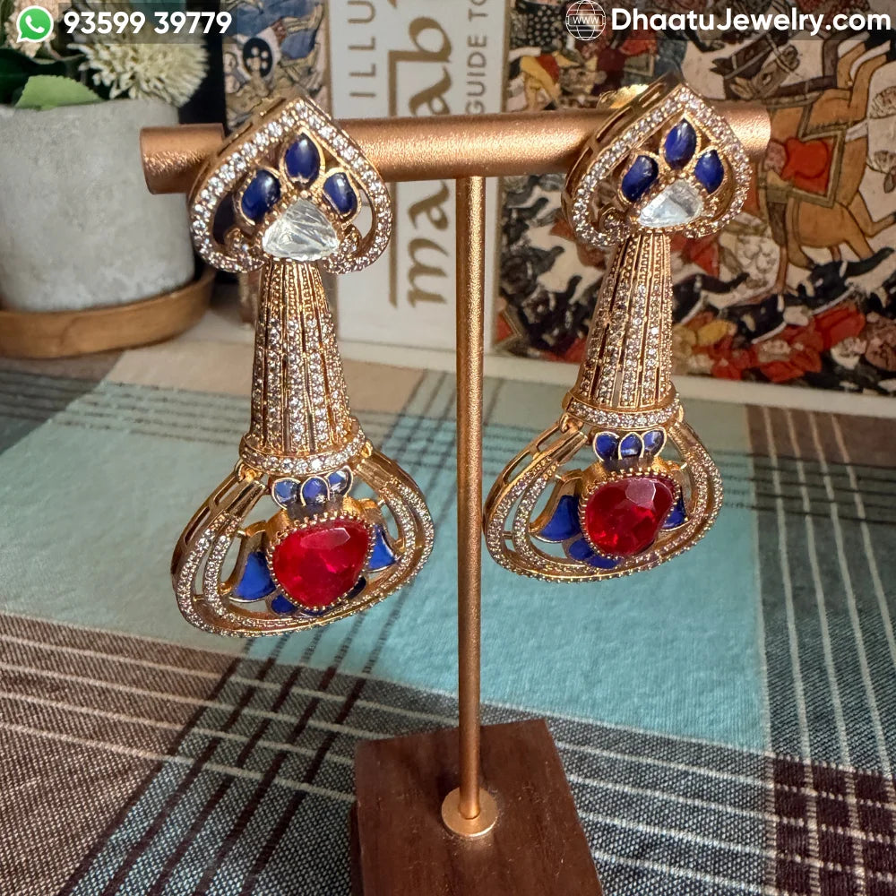 Handcrafted Moissanite Polki Long Dangle Earrings with Multi-Color Doublet Gemstones in 18K Gold Plating - Traditional Meenakari Inspired Statement Drops