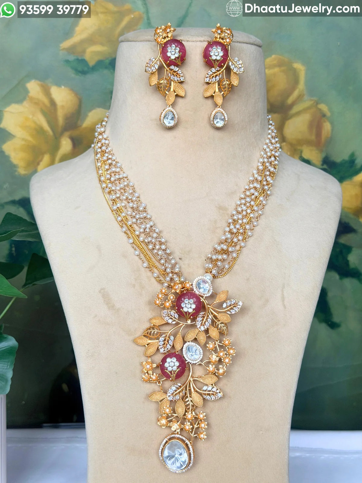 Gold-Finished Brass Floral Kundan & Pearl Layered Necklace Set with Matching Earrings
