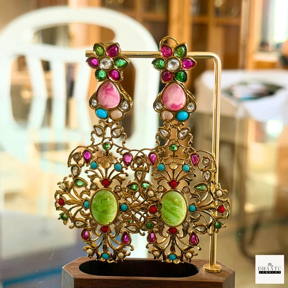 Exquisite Jadau Kundan Style Statement Earrings - Polki & Stone Work Dangler Jhumka for Weddings & Festive Wear