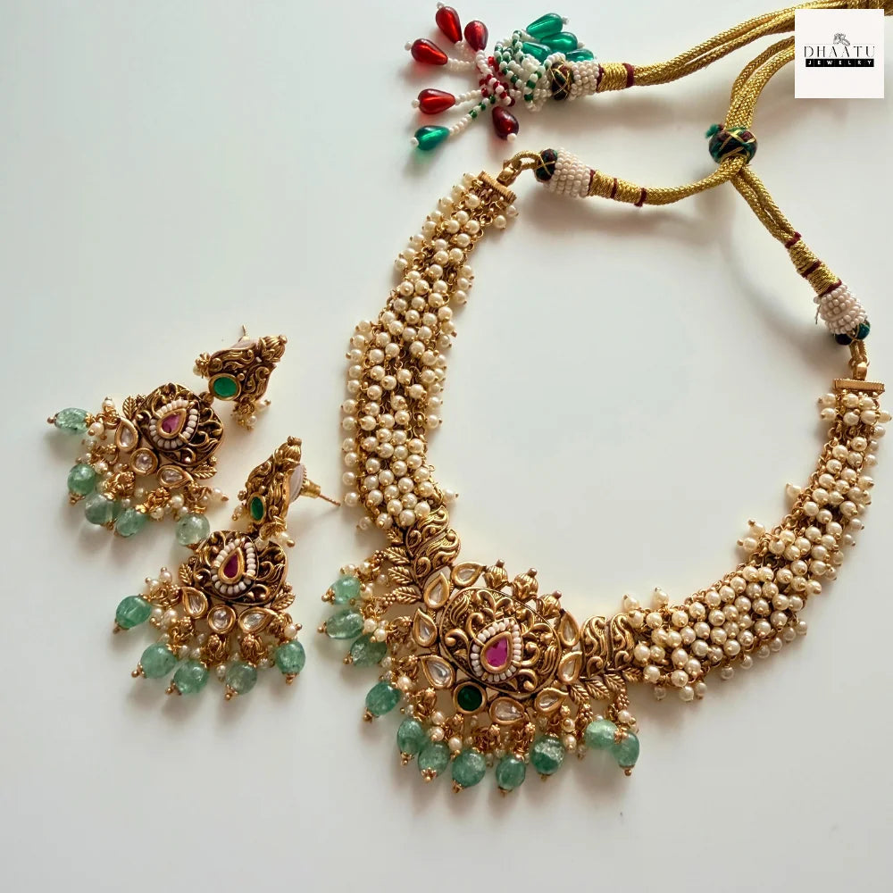 Antique Gold-Plated Guttapusalu Choker Set with Pearls and Kundan Accents