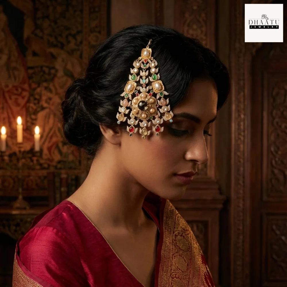 Kundan Passa – Traditional Jhumar Hair Accessory with Pearl Droplets & Multicolor Stones