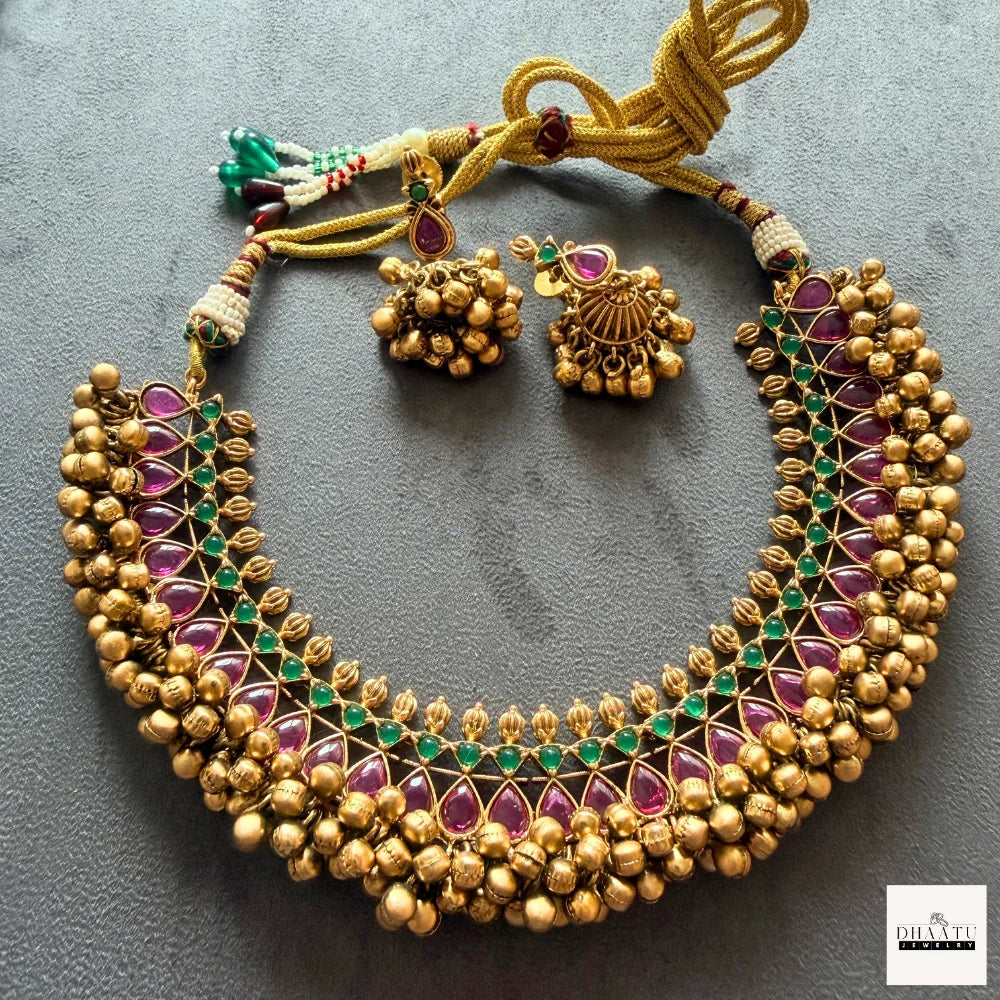 Antique Gold-Plated Guttapusalu Gajra Necklace Set with Ruby & Emerald Kemp Stones