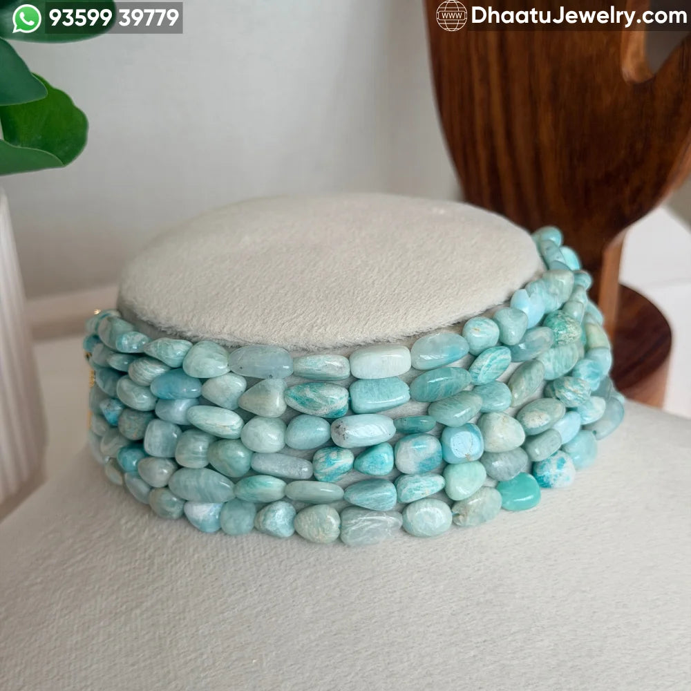 6-Layer Natural Amazonite Stone Bead Choker Necklace – Aqua Blue Tumbled Gemstone Statement Jewelry (23cm x 4.5cm)