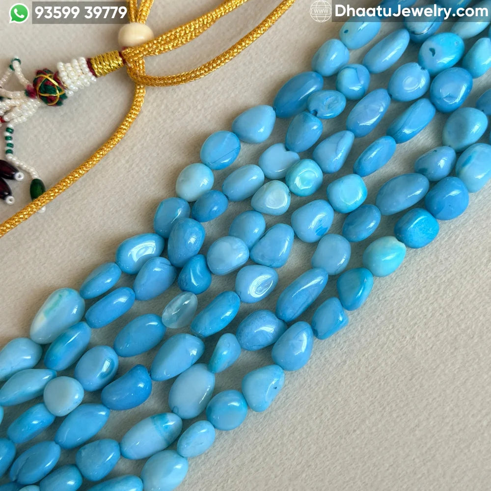 6-Layer Sky Blue Tumbled Natural Stone Choker Necklace - 4.5cm Wide Statement Bead Jewelry with Adjustable Cord