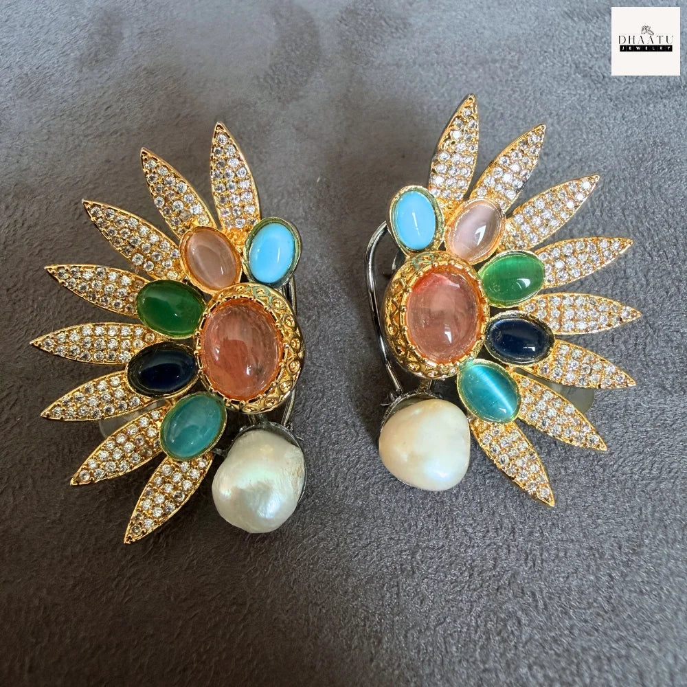 Rivaayat Handcrafted Sunburst Ear Cuffs with Baroque Pearls and Multi-Hue Cabochons