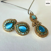 Pear-Cut Gemstone Fusion Jewelry Set – Gold-Plated Teardrop Necklace & Studs with Baguette Halo