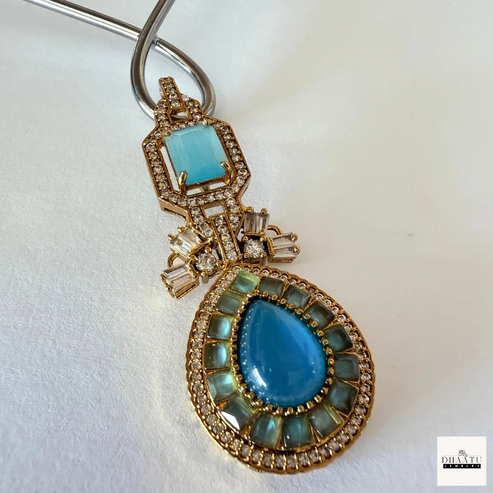 Pear-Cut Gemstone Fusion Jewelry Set – Gold-Plated Teardrop Necklace & Studs with Baguette Halo