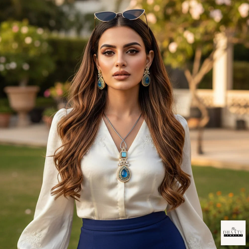 Pear-Cut Gemstone Fusion Jewelry Set – Gold-Plated Teardrop Necklace & Studs with Baguette Halo