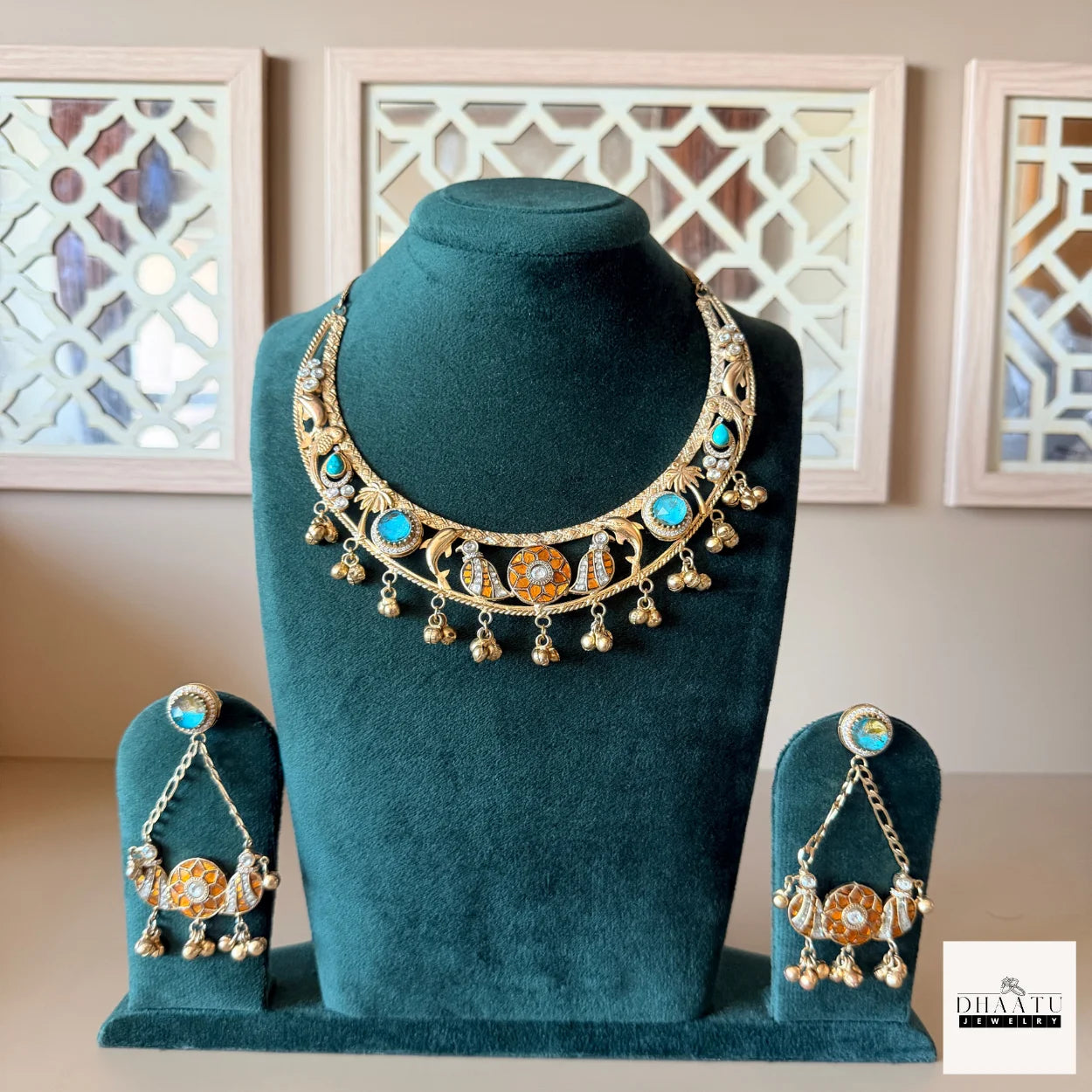 Handcrafted Meenakari & Turquoise Gold-Plated Fusion Choker Set with Peacock Motifs and Ghungroo Drops