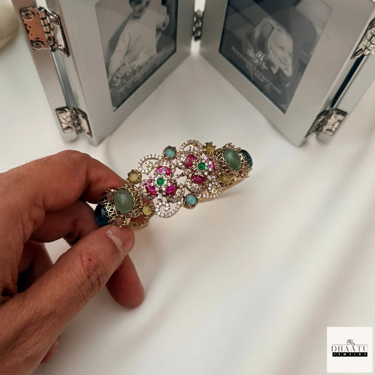 Rivaayat Antique Victorian Brass Cuff Bracelet with Multi-Color Doublet Stones