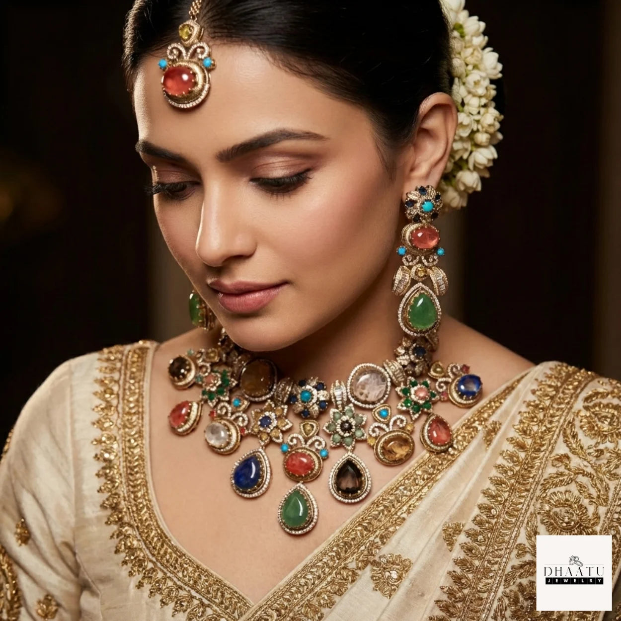 Antique Brass Choker Set with Multi-Color Doublet Stones – Includes Earrings & Maang Tika