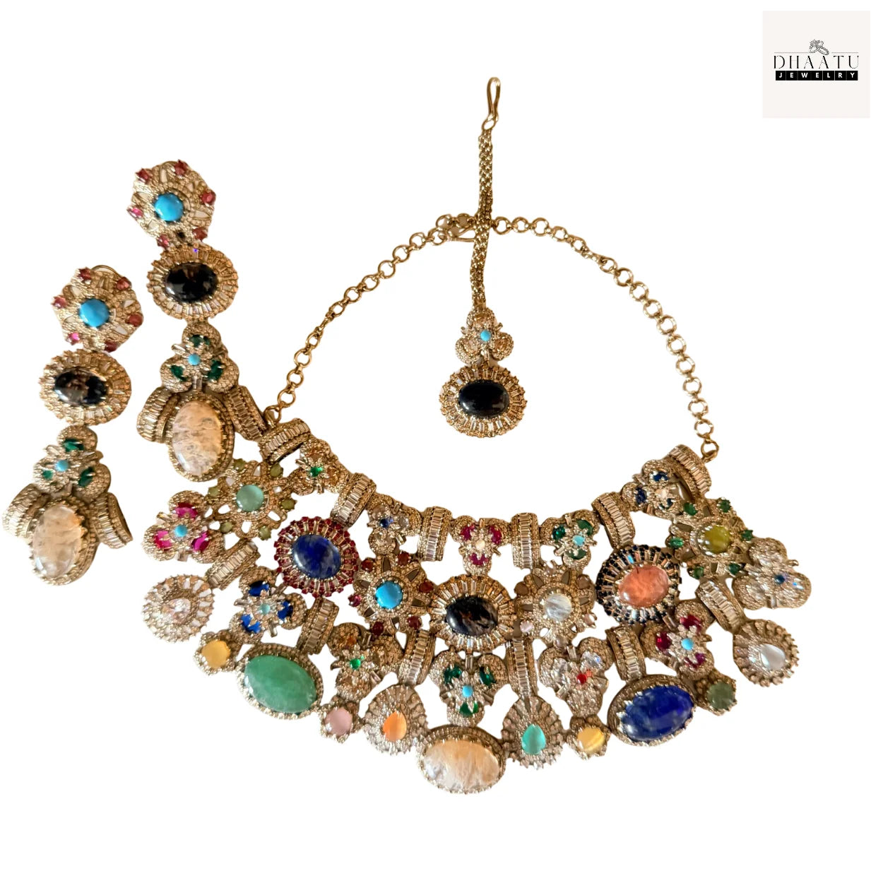 Afreen Set - Victorian Finish 4 Layered Bridal Choker Set with Multi-Color Doublet Stones & Maang Tika