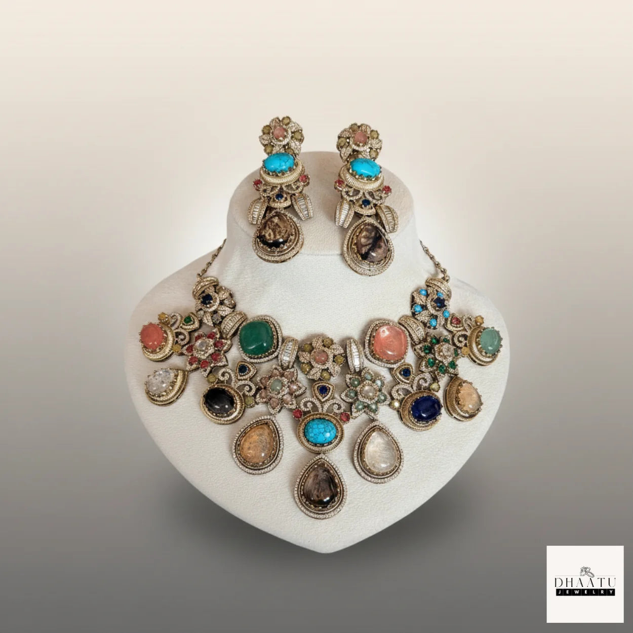 Antique Brass Choker Set with Multi-Color Doublet Stones – Includes Earrings & Maang Tika