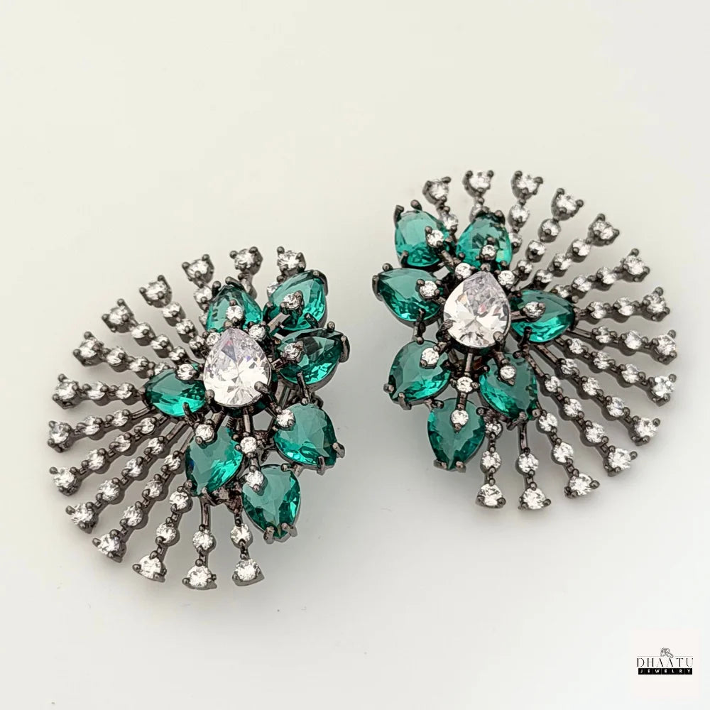 Victorian Black Plated Luxury Ear Tops/Studs – Zircon & Colored Stone Fan Earrings