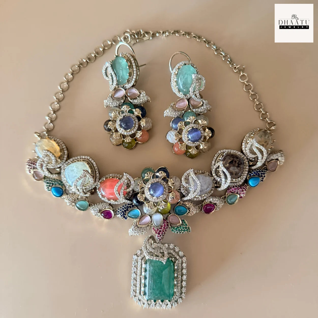 Rivaayat Antique Victorian Choker Set with Multi-Color Doublet Stones & Matching Earrings