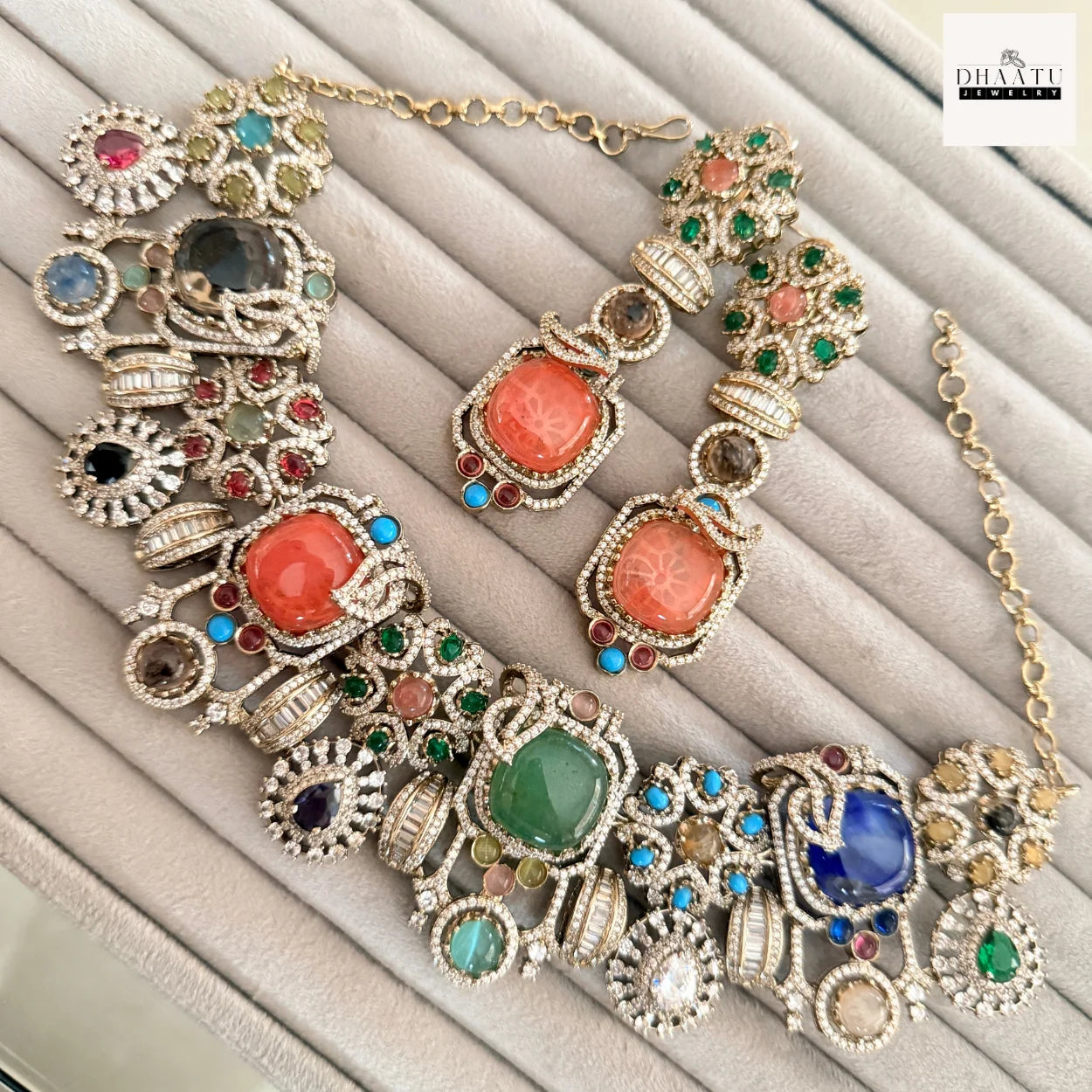 Rivaayat Collection - Victorian Antique Choker Set with Multi-Color Doublet Stones & Matching Earrings