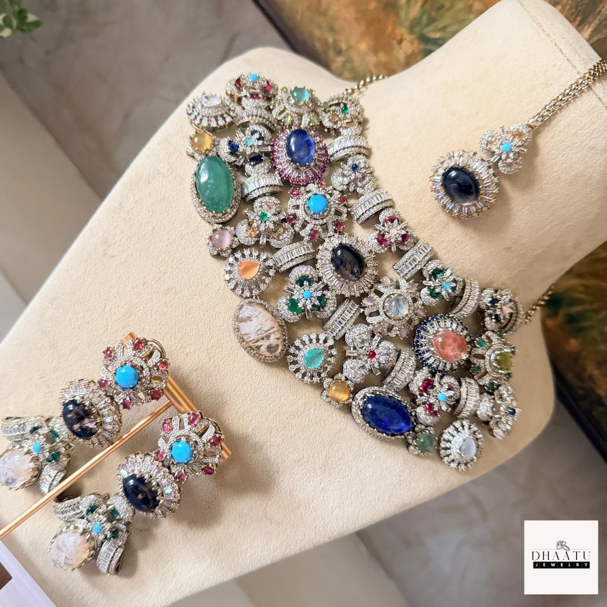Afreen Set - Victorian Finish 4 Layered Bridal Choker Set with Multi-Color Doublet Stones & Maang Tika