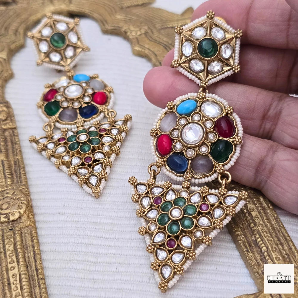 Exquisite Polki & Multicolored Kundan Stone Victorian Drop Earrings - Statement Earrings