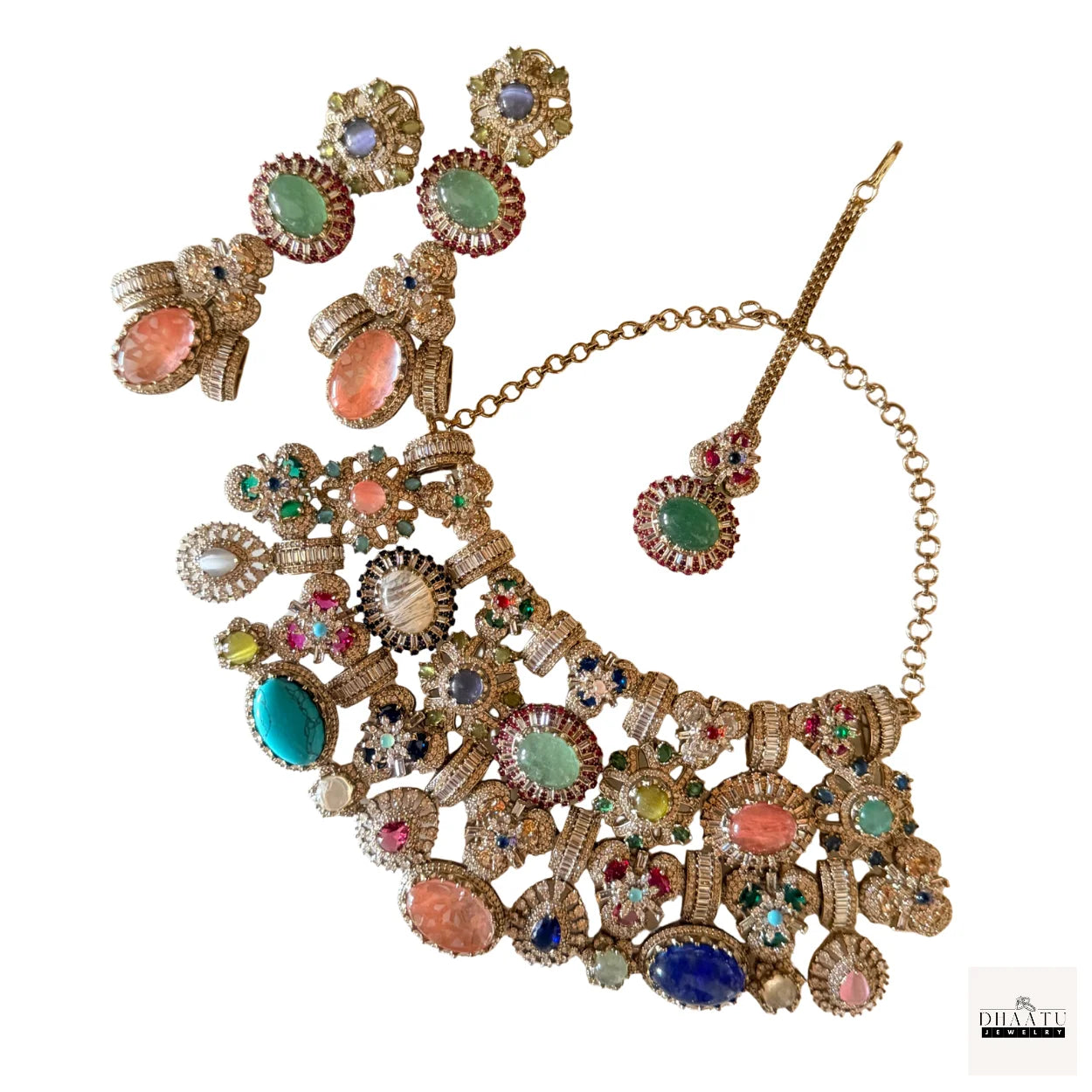 Afreen Set - Victorian Finish 4 Layered Bridal Choker Set with Multi-Color Doublet Stones & Maang Tika