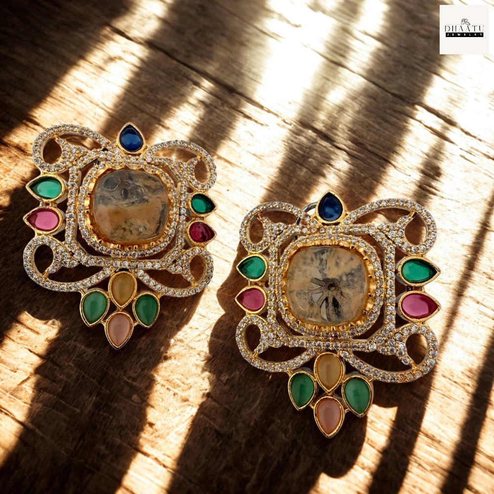 Semi-Precious Stone Studs with CZ Pavé Border (5 Variants)