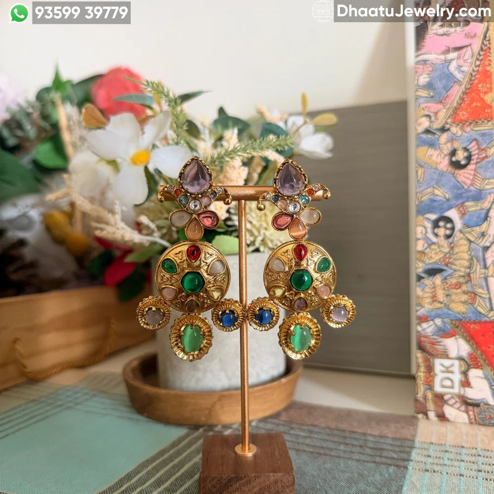 Multi-Color Doublet Semi-Precious Stone Gold-Plated Statement Earrings – Vintage Royal Indian Chandbali Style