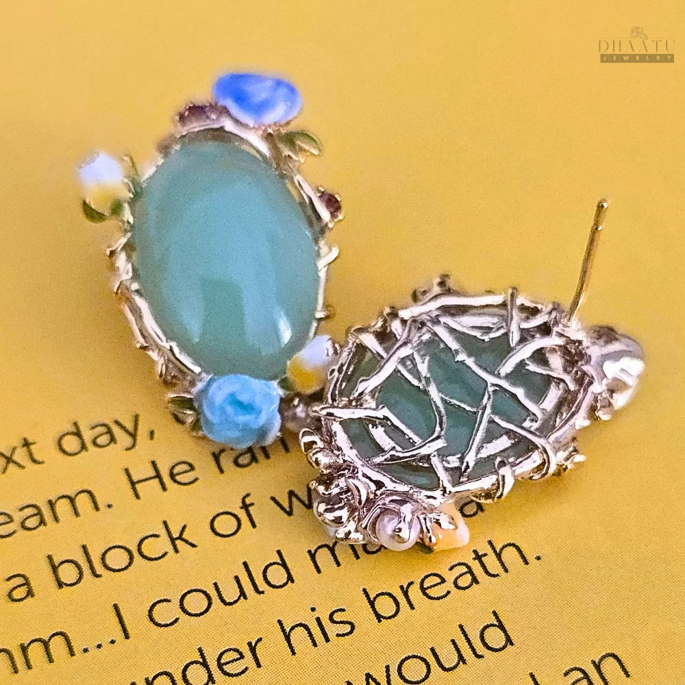 Vintage Green Cabochon Stud Earrings