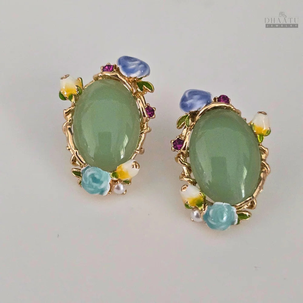 Vintage Green Cabochon Stud Earrings