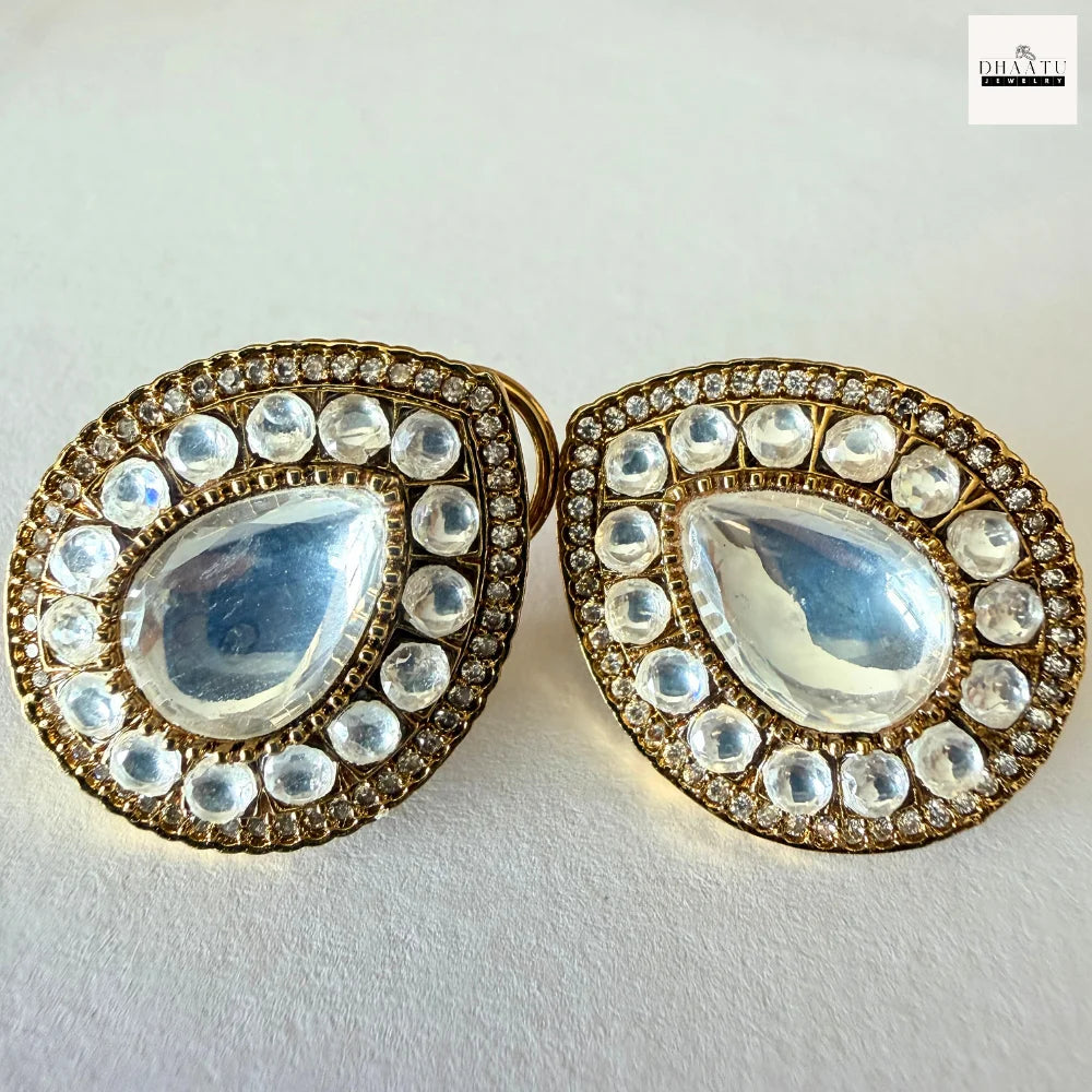 Pear-Cut Gemstone Fusion Jewelry Set – Gold-Plated Teardrop Necklace & Studs with Baguette Halo