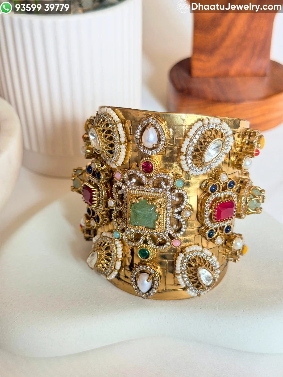 Sabyasachi-Inspired Navratna Multi-Stone Wide Cuff Bracelet | Gold-Plated Brass Statement Kada
