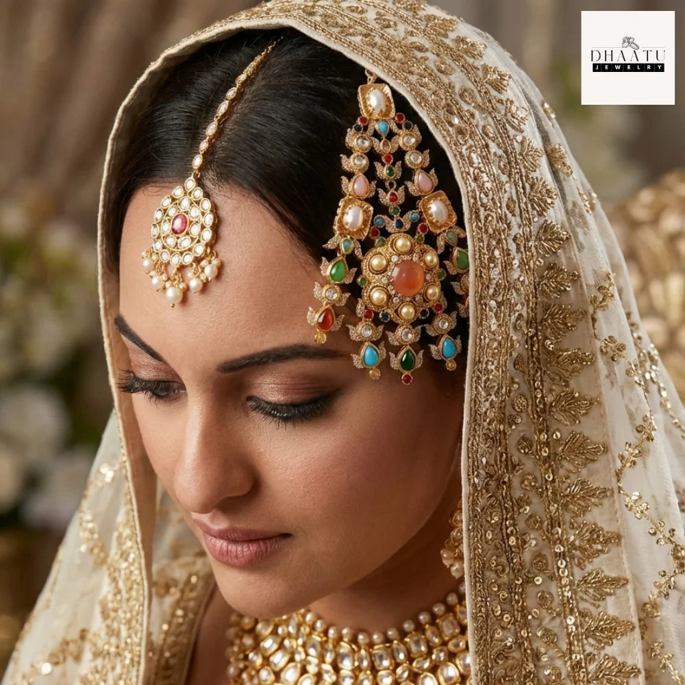 Kundan Passa – Traditional Jhumar Hair Accessory with Pearl Droplets & Multicolor Stones