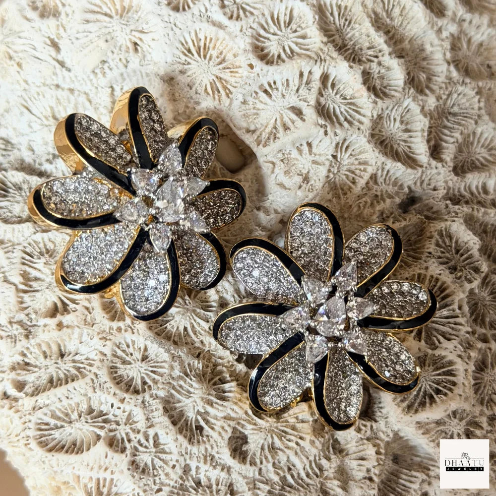 Lumina Enamel-Edged Crystal Floral Stud Earrings | Gold-Plated Statement Jewelry