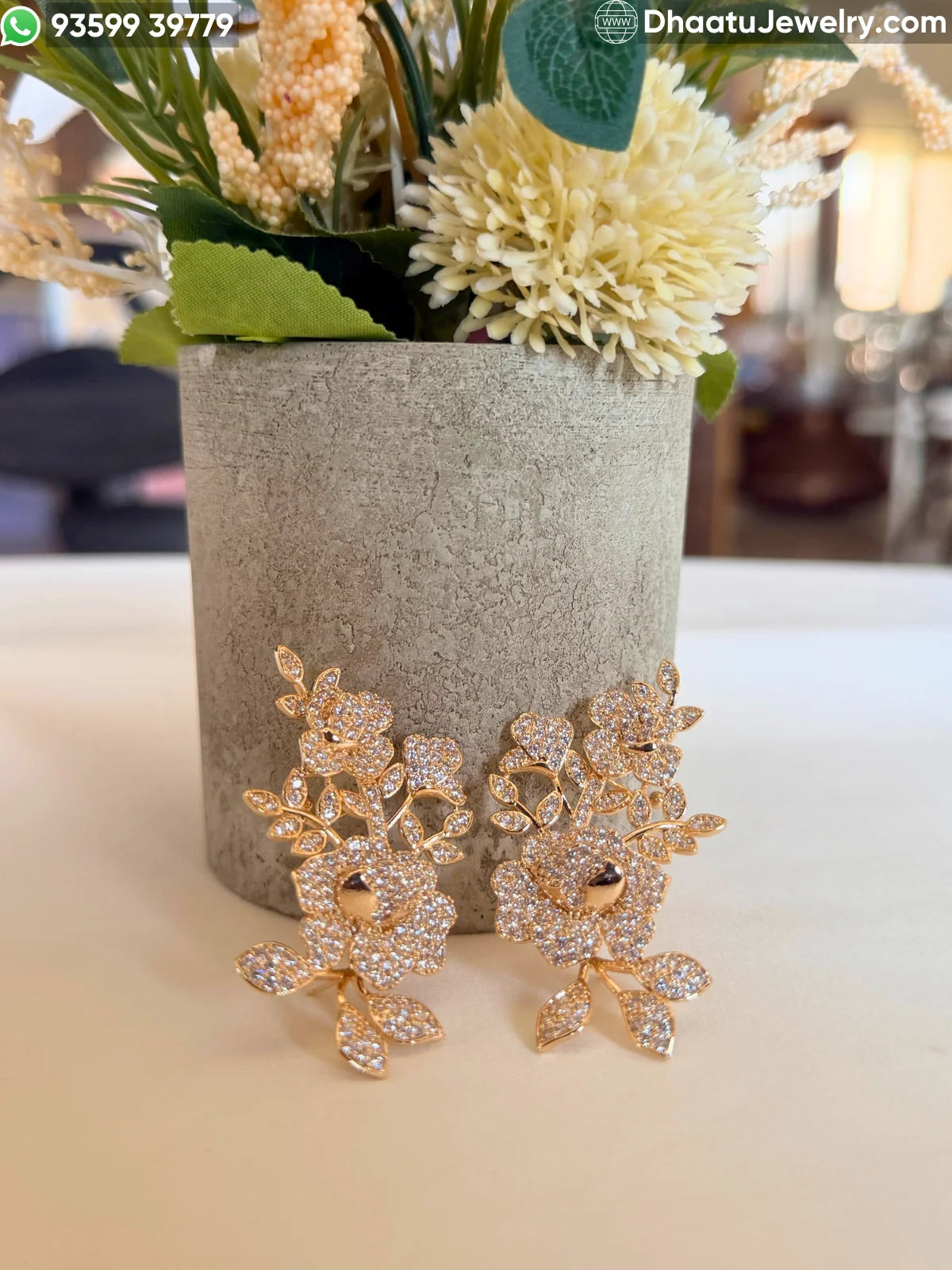 Premium Gold-Plated Intricate Floral Ear Cuff Crawler Earrings – Studded Bloom Design in Emerald Green & Diamond White Variants