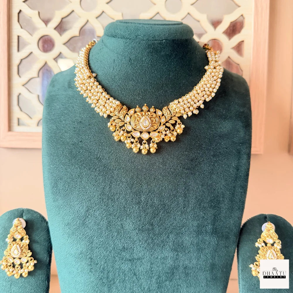 Antique Gold-Plated Guttapusalu Choker Set with Pearls and Kundan Accents